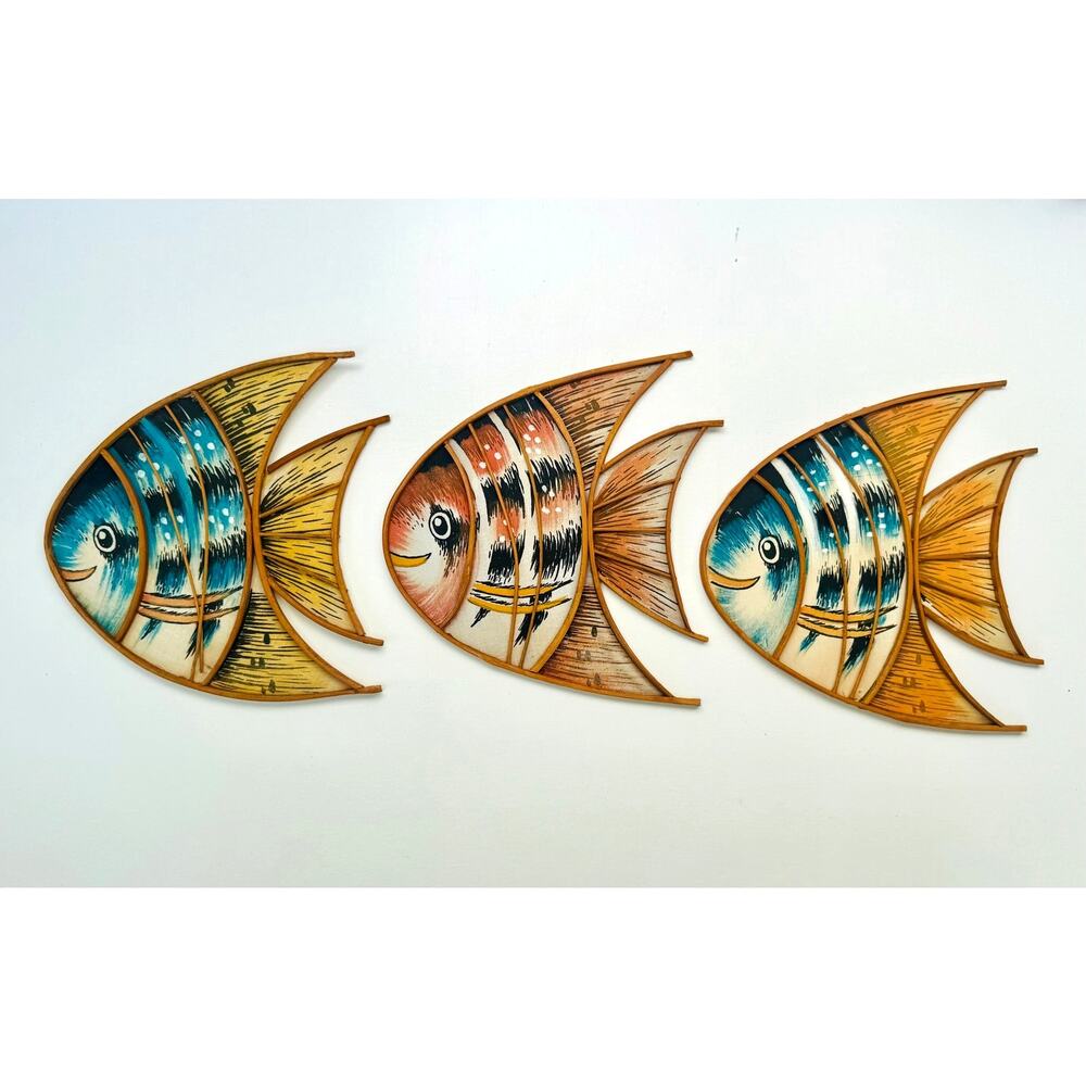 Vintage Tropical Fish Wall Art Set Bamboo Rattan Coastal Decor